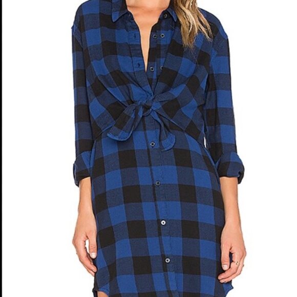 Cheap Monday Womens Blue & Black Plaid Button-Up Shirt Dress S With Waist Tie - Picture 1 of 6